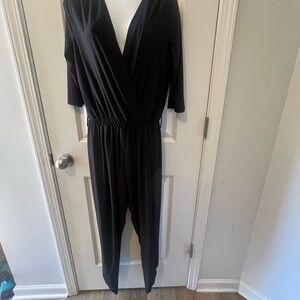 Valia Black Wrap-Front Jumpsuit with Three-Quarter Sleeves